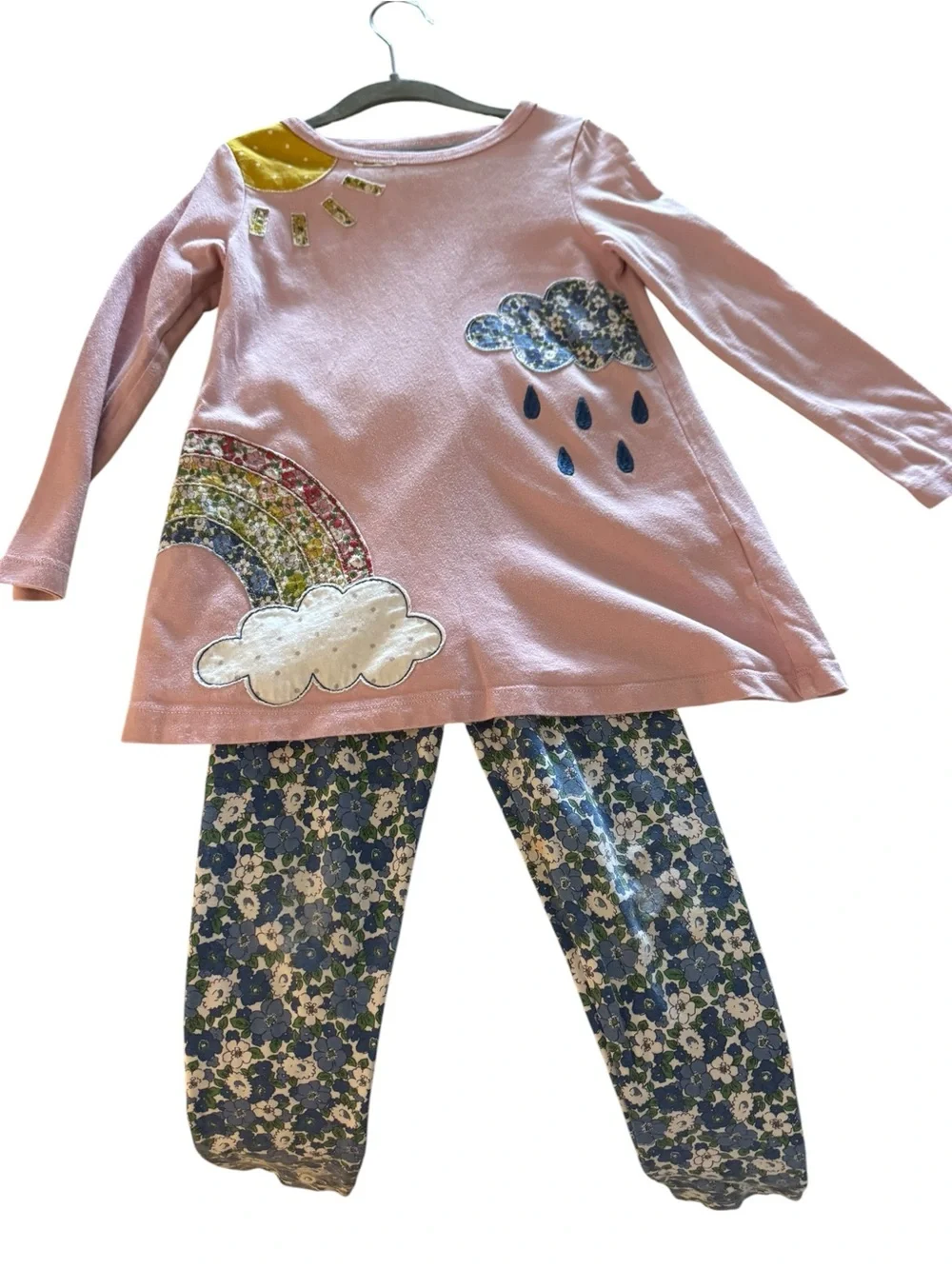 Mini Boden Girls Pink Rainbow & Cloud Long Sleeve Top with Flower Leggings